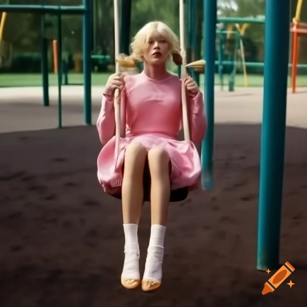 Woman with blonde pigtails swinging in playground wearing a pink dress