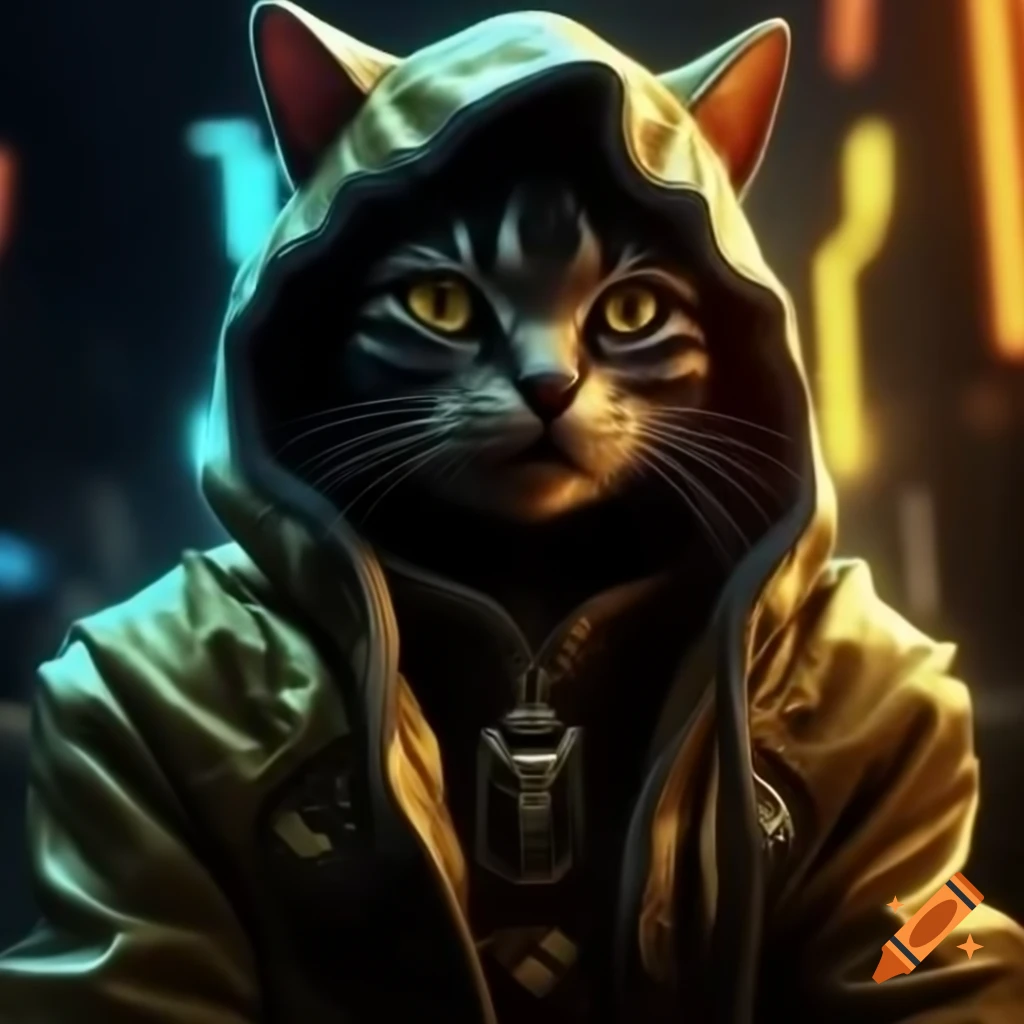Glowing gold evil cat god in cyberpunk style