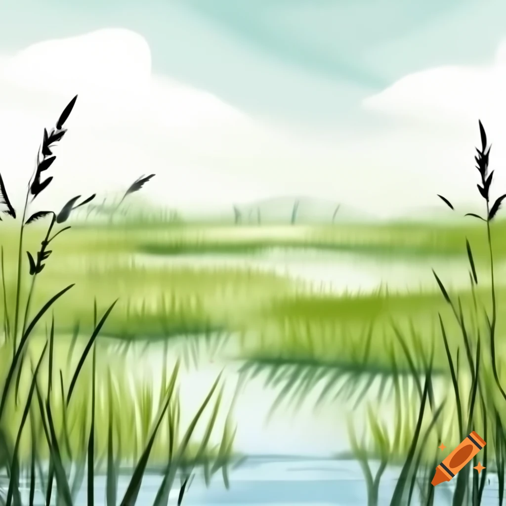 Bocage marsh landscape with reeds and water in poetic light, naturalistic and painterly