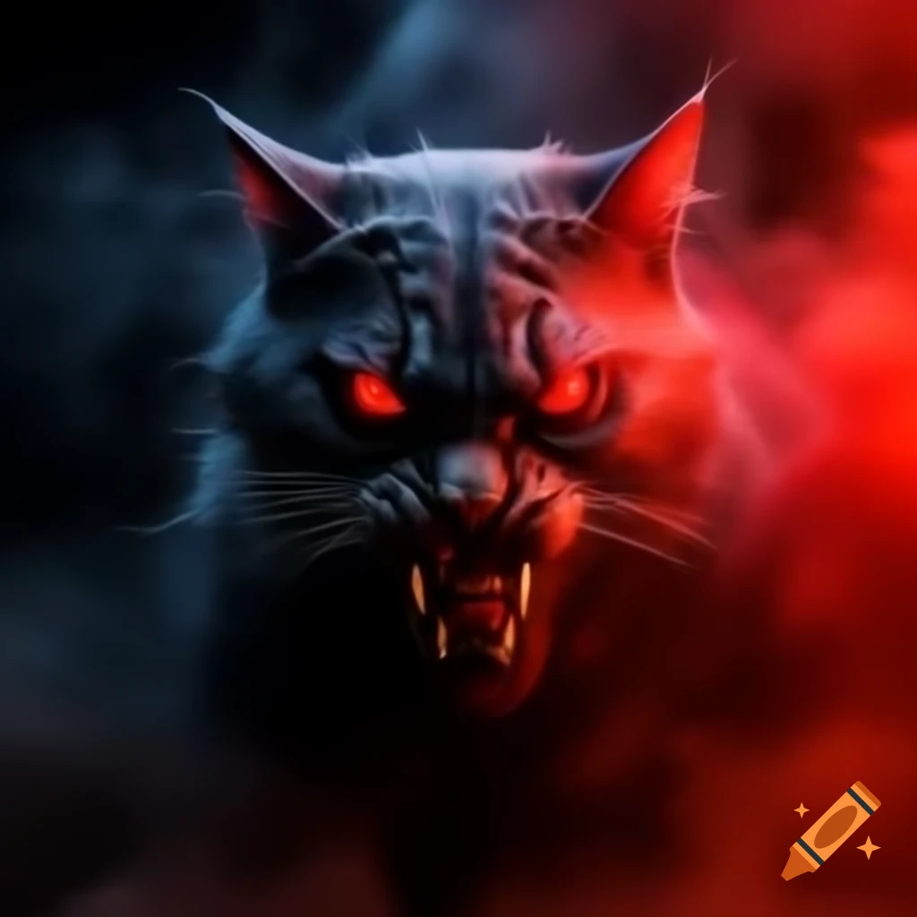 Demonic cat emerging from red mist