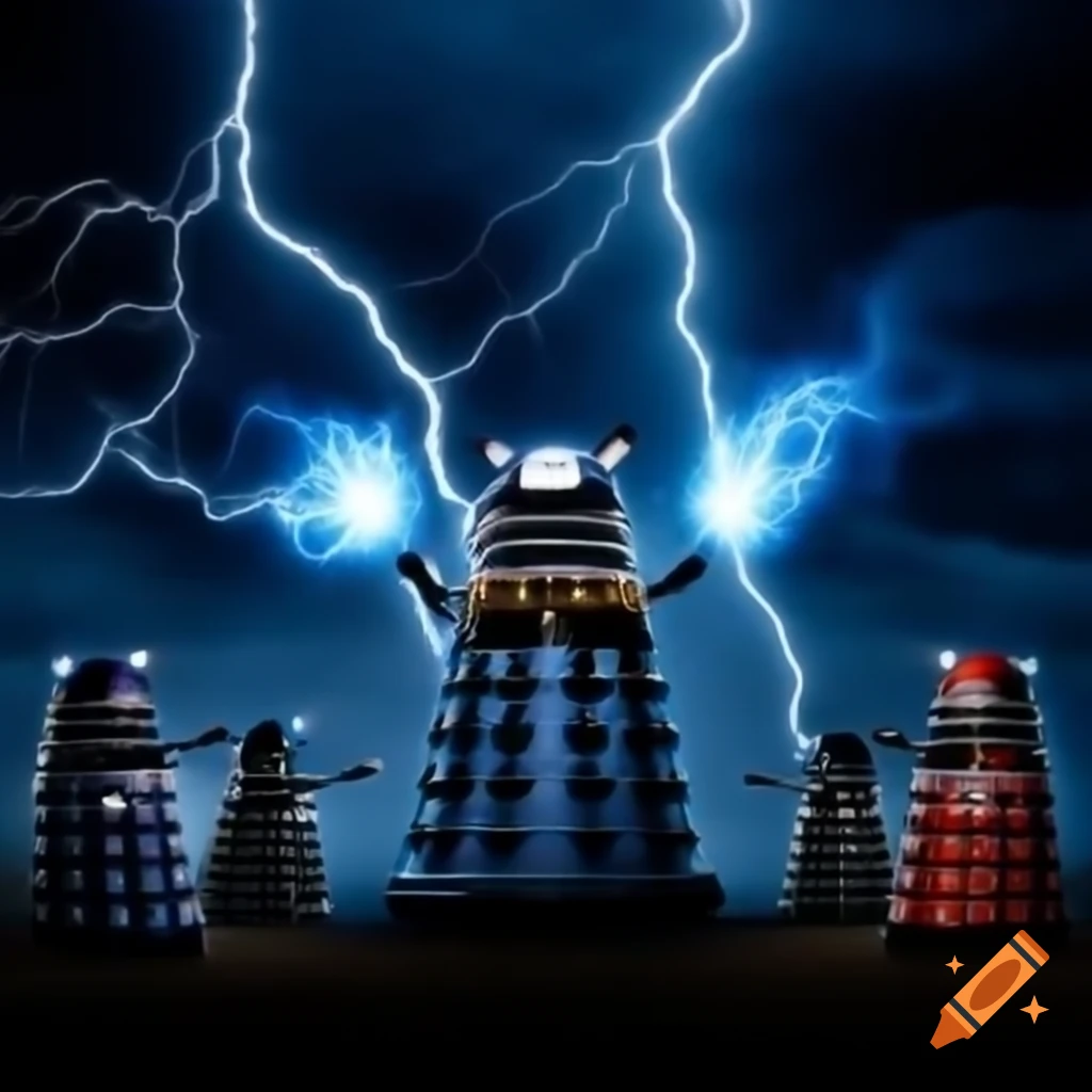 Two wizards in battle using lightning spells against a Dalek