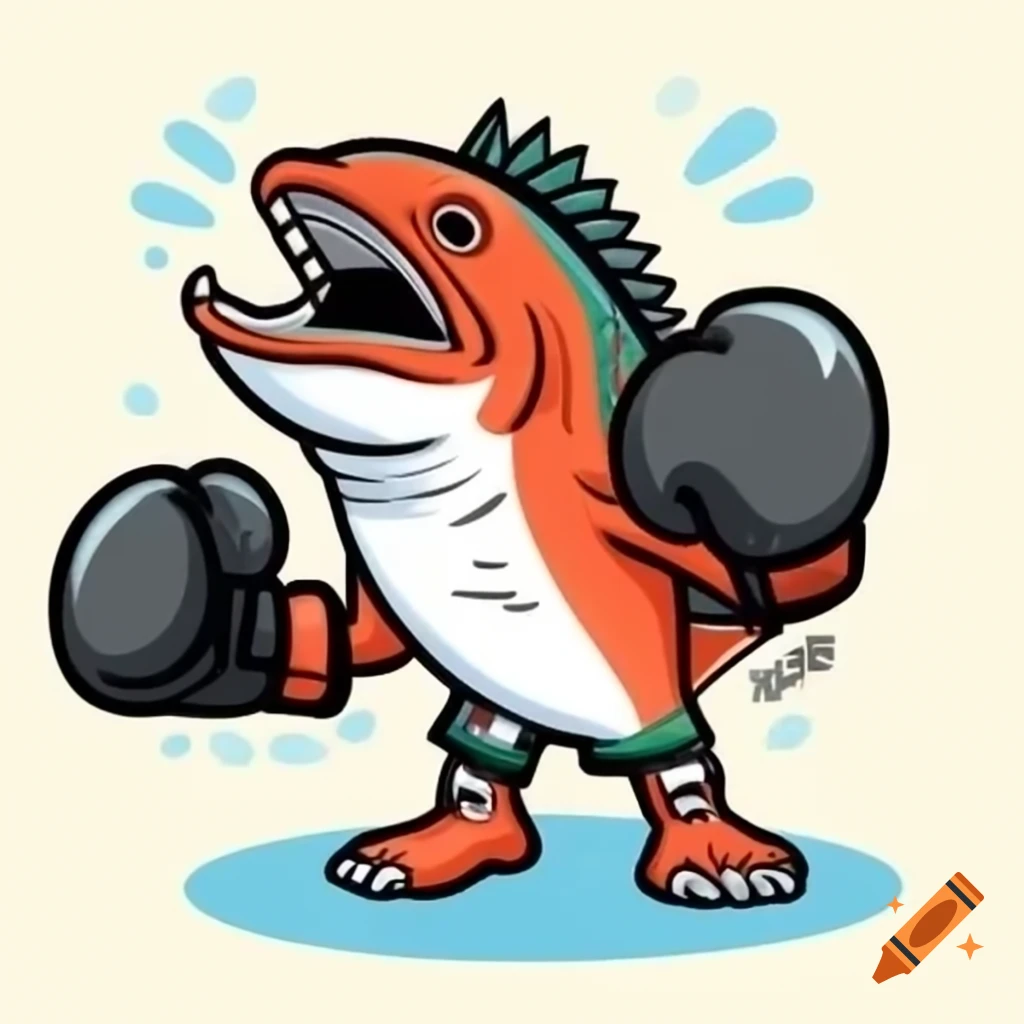 Salmon fish in boxing gloves striking a fighting pose