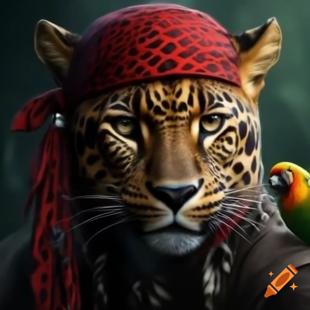 Leopard pirate wearing head scarf and earring with a parrot