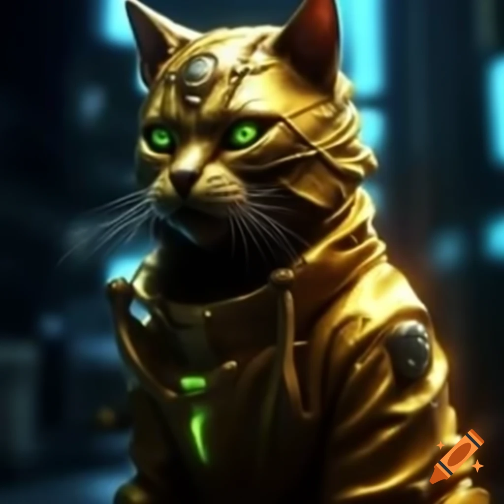 Glowing golden evil cat deity in cyberpunk style