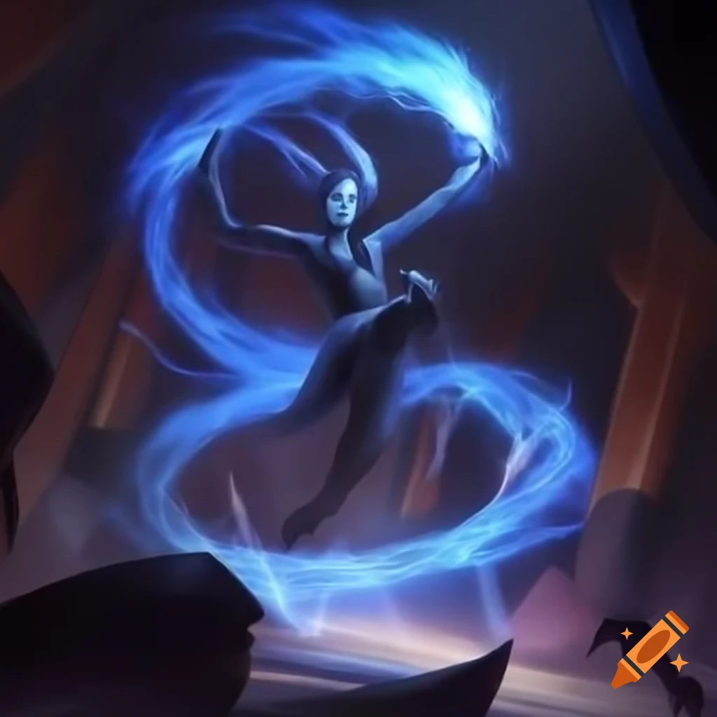 Obsidian figure surrounded by blue electric energy and burning ground