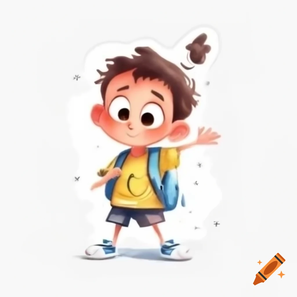 Cartoon boy posing with backpack on white background, watercolor style