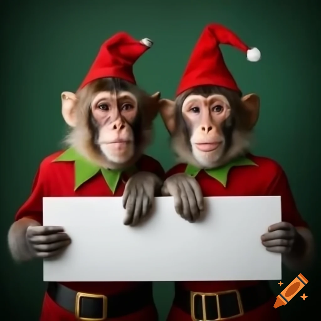 Two monkeys dressed as elves at a firm's Christmas party