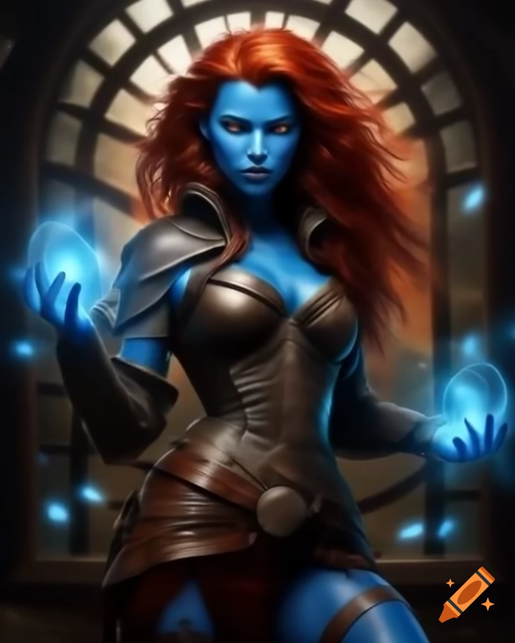 Blue-skinned, red-haired female in leather armor breaking through glass window, photo realistic