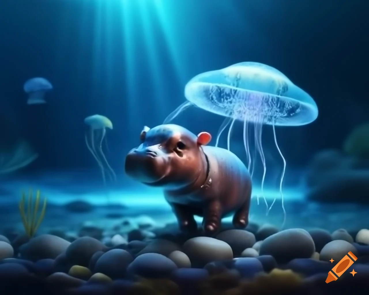 Baby pygmy hippo exploring vibrant lake filled with underwater wonders