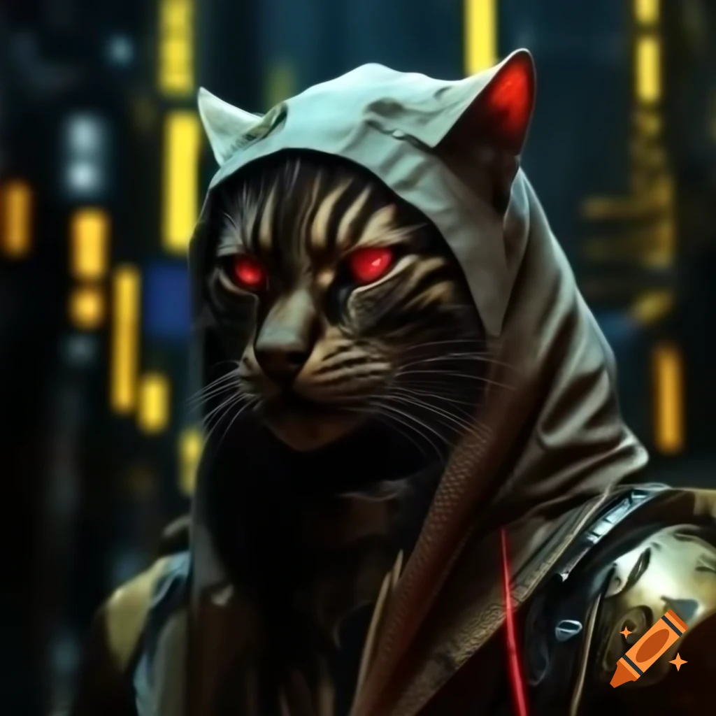Cybernetic feline creature with gold circuitry and red eyes in neon alley