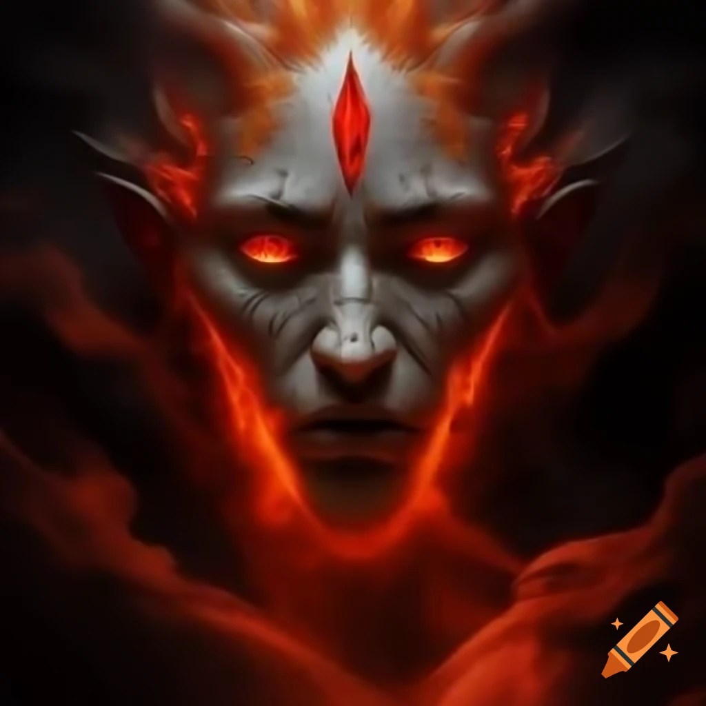 Glowing god with fiery red eyes emerging from crimson mist