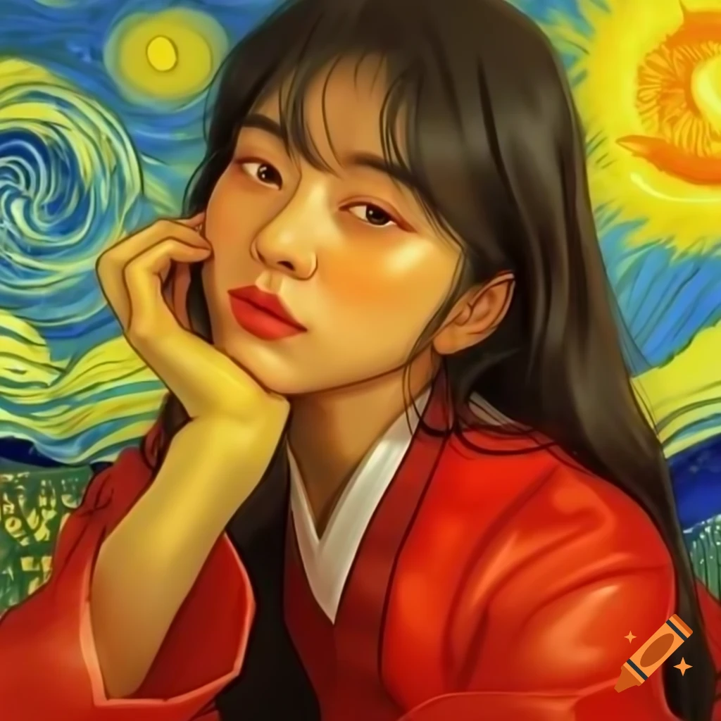 Stunning animated portrait of Korean woman in red with sun-kissed skin, watercolor and Rembrandt styles