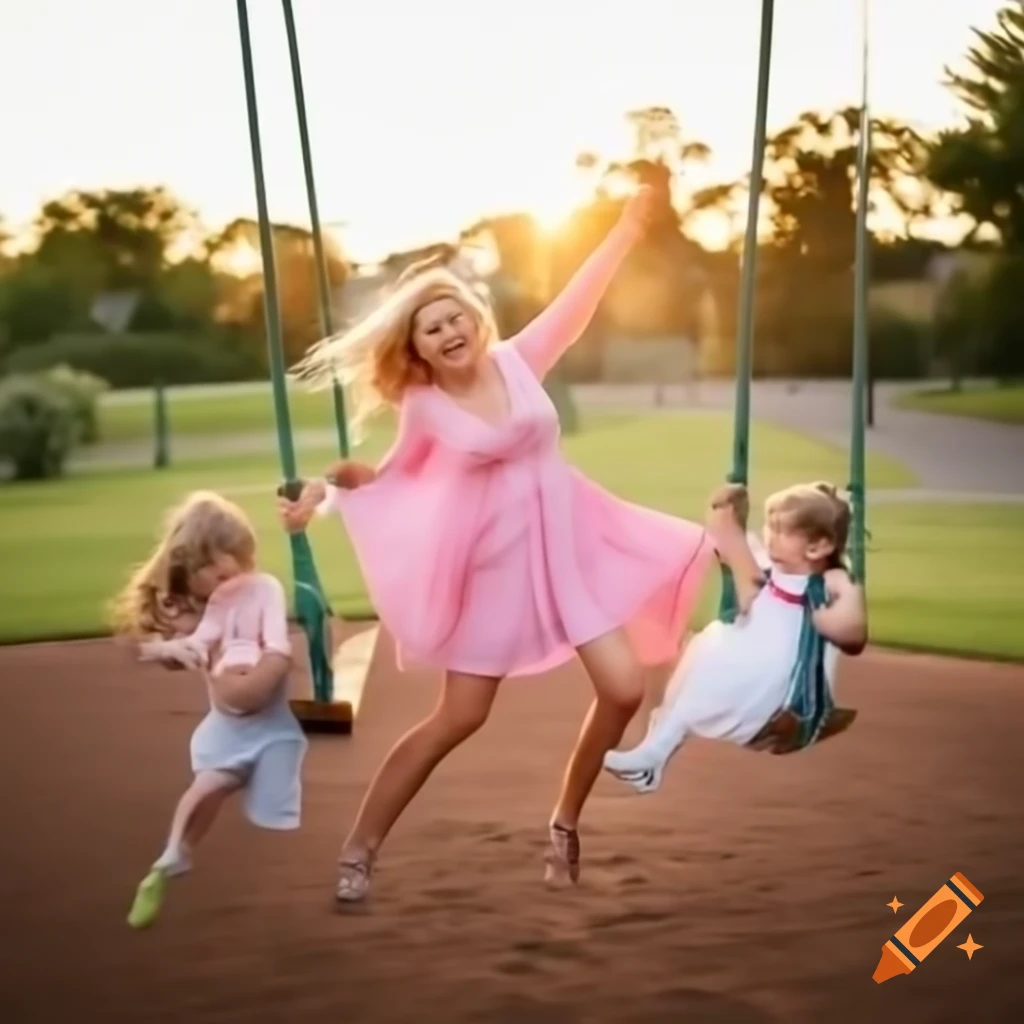 Woman in pink dress swinging joyfully on playground