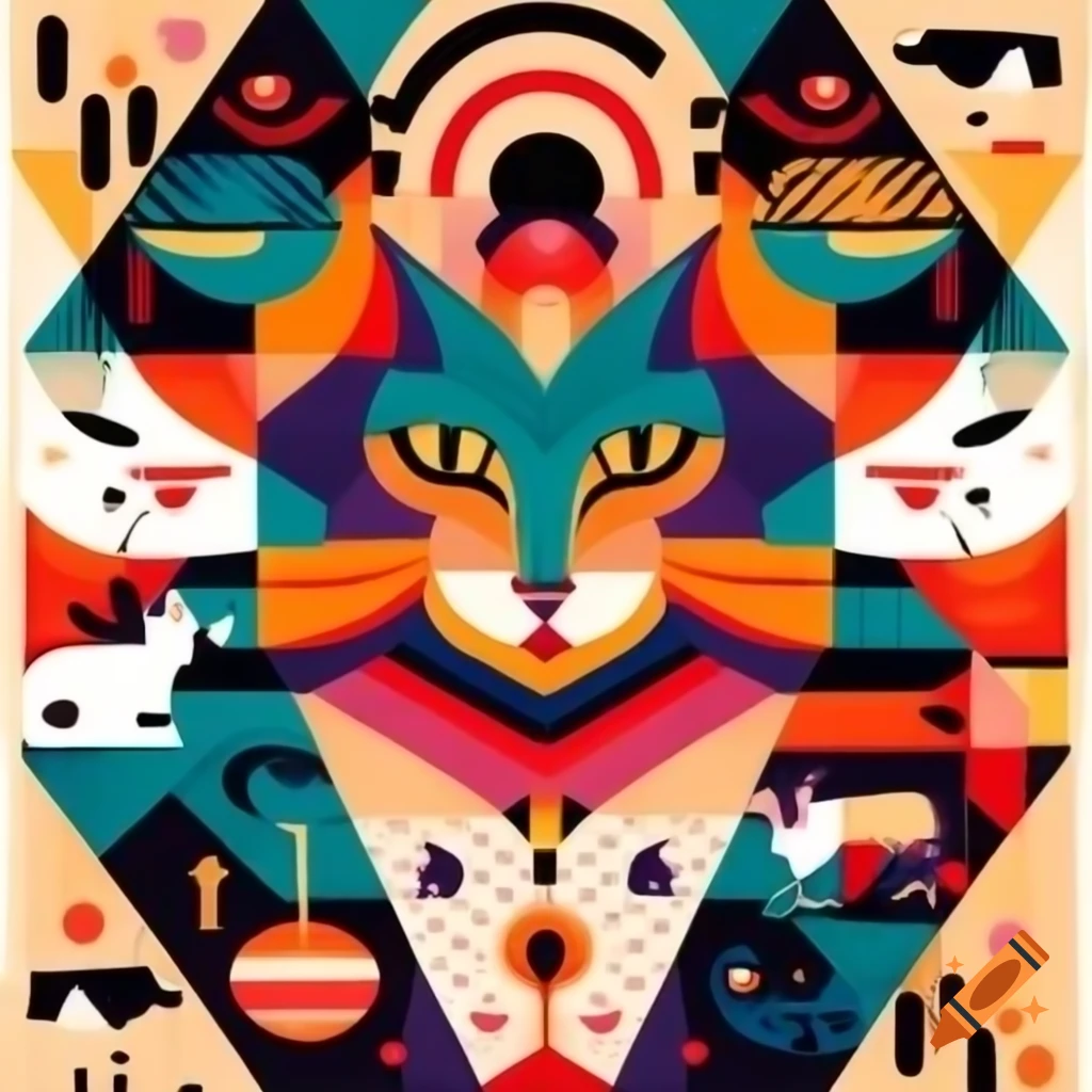 Geometric abstract art featuring multiple cats