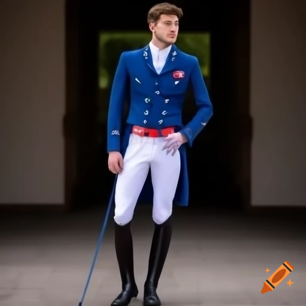 Handsome young man in blue jodhpurs and dressage boots