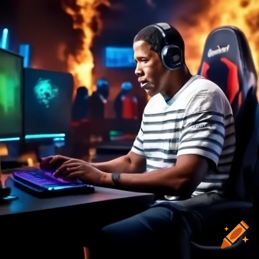 Denzel Washington gaming with exploding computers in backdrop