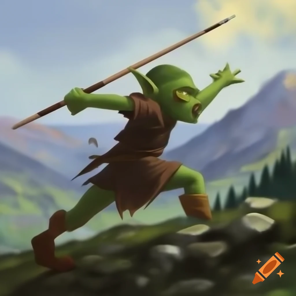 Goblin throwing a javelin with war paint on face, mountainous landscape, Monet art style
