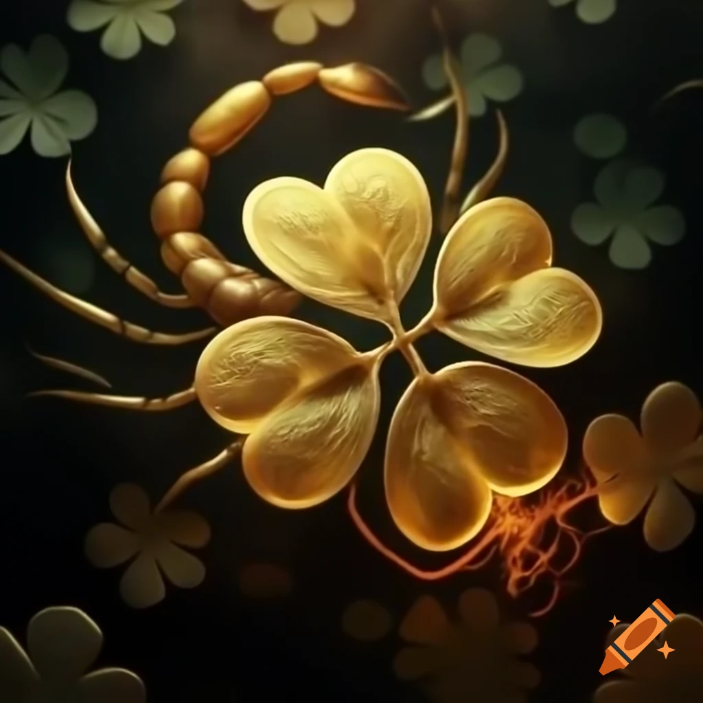 Golden four-leaf clover with scorpion intertwined