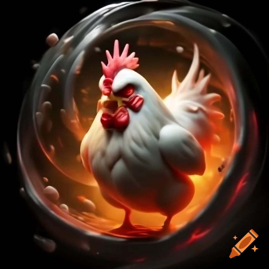 Photorealistic glowing chicken with red eyes in swirling vortex of eggshell-colored particles