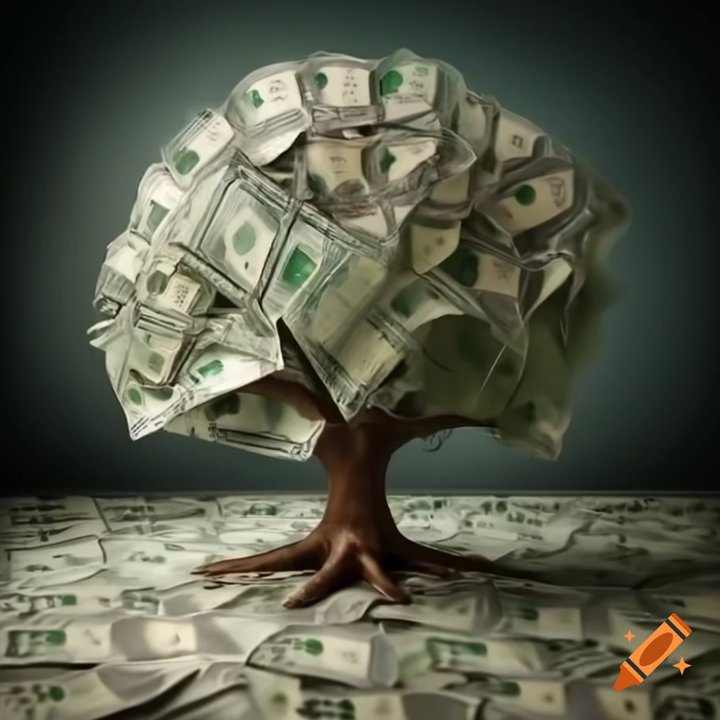 Tree full of money and cryptocurrency with wall of wealthy businessmen's pictures