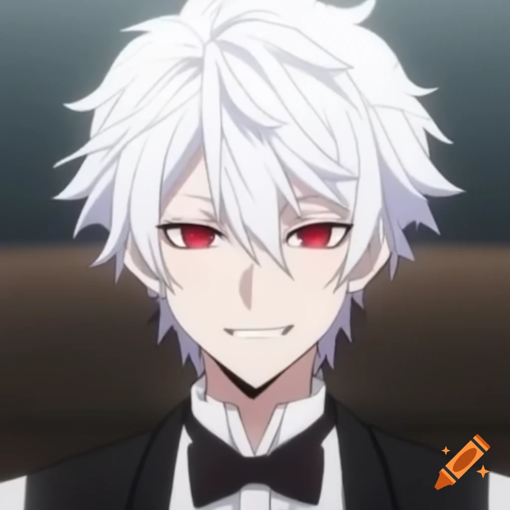 Charismatic anime character with white hair and red eyes in a tuxedo