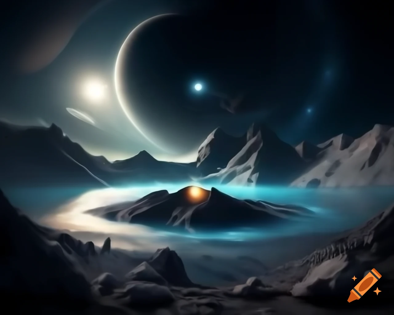 3D representation of mountain lake at sunset with sun rays and island