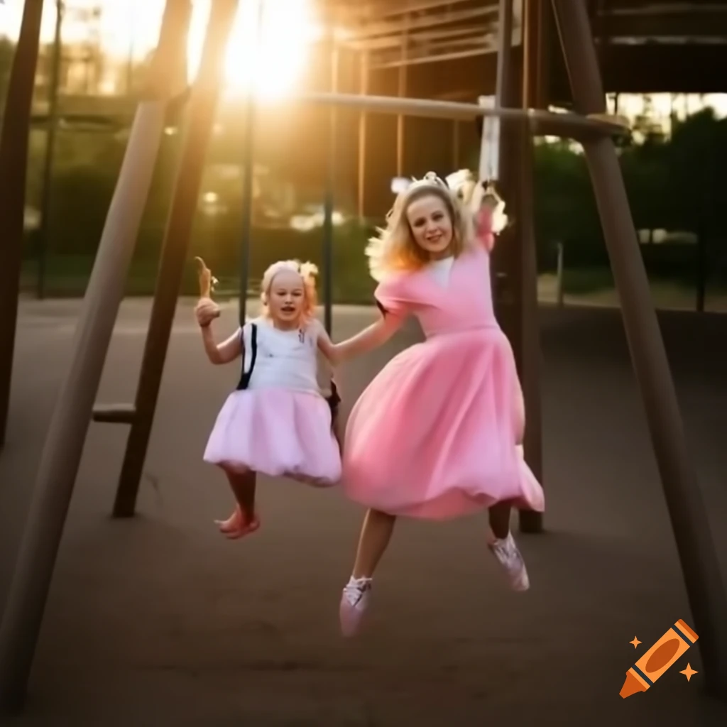 Carefree woman in pink dress swinging joyfully in playground