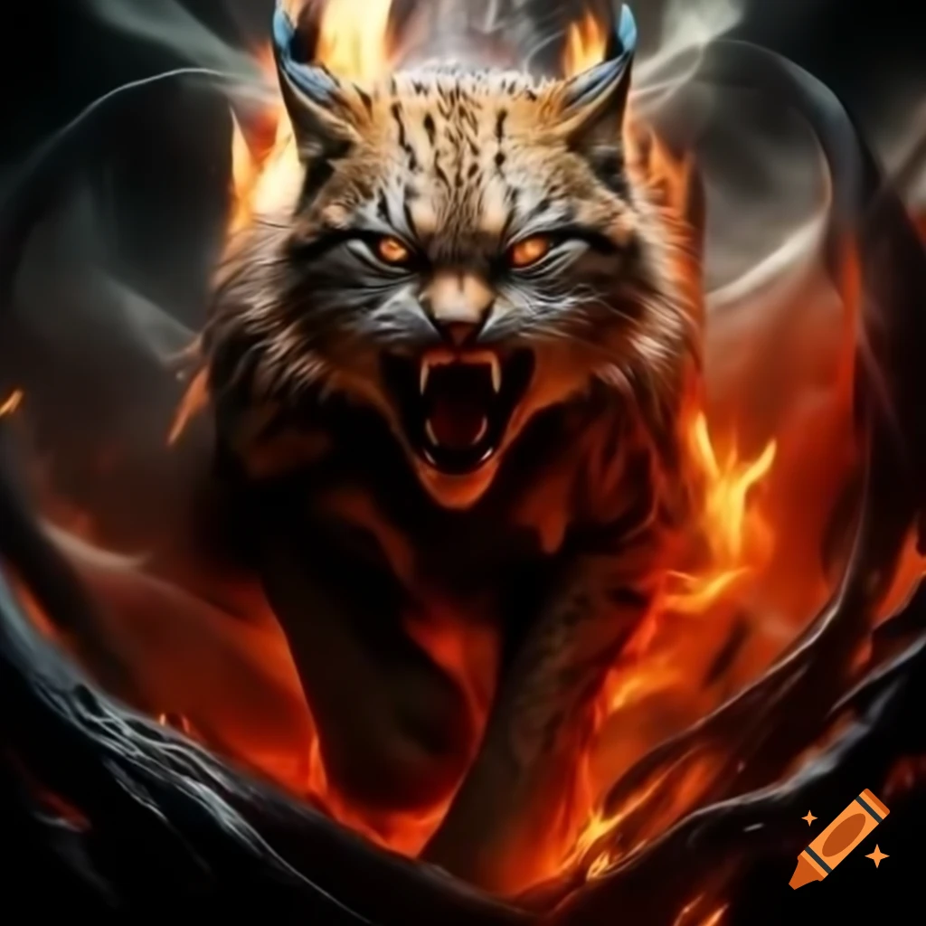 Lynx emerging from swirling vortex of fire with fiery red gaze