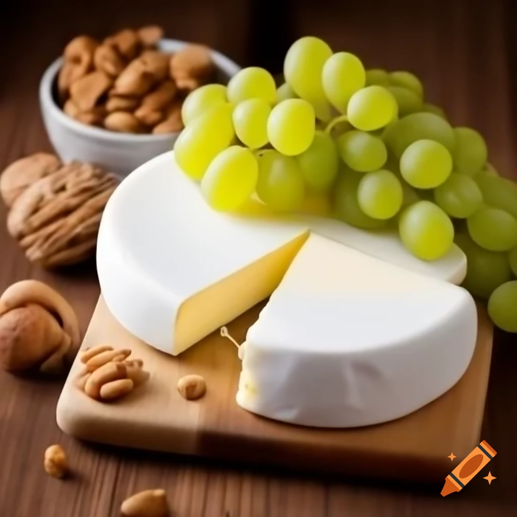 Cheese board featuring grapes and walnuts