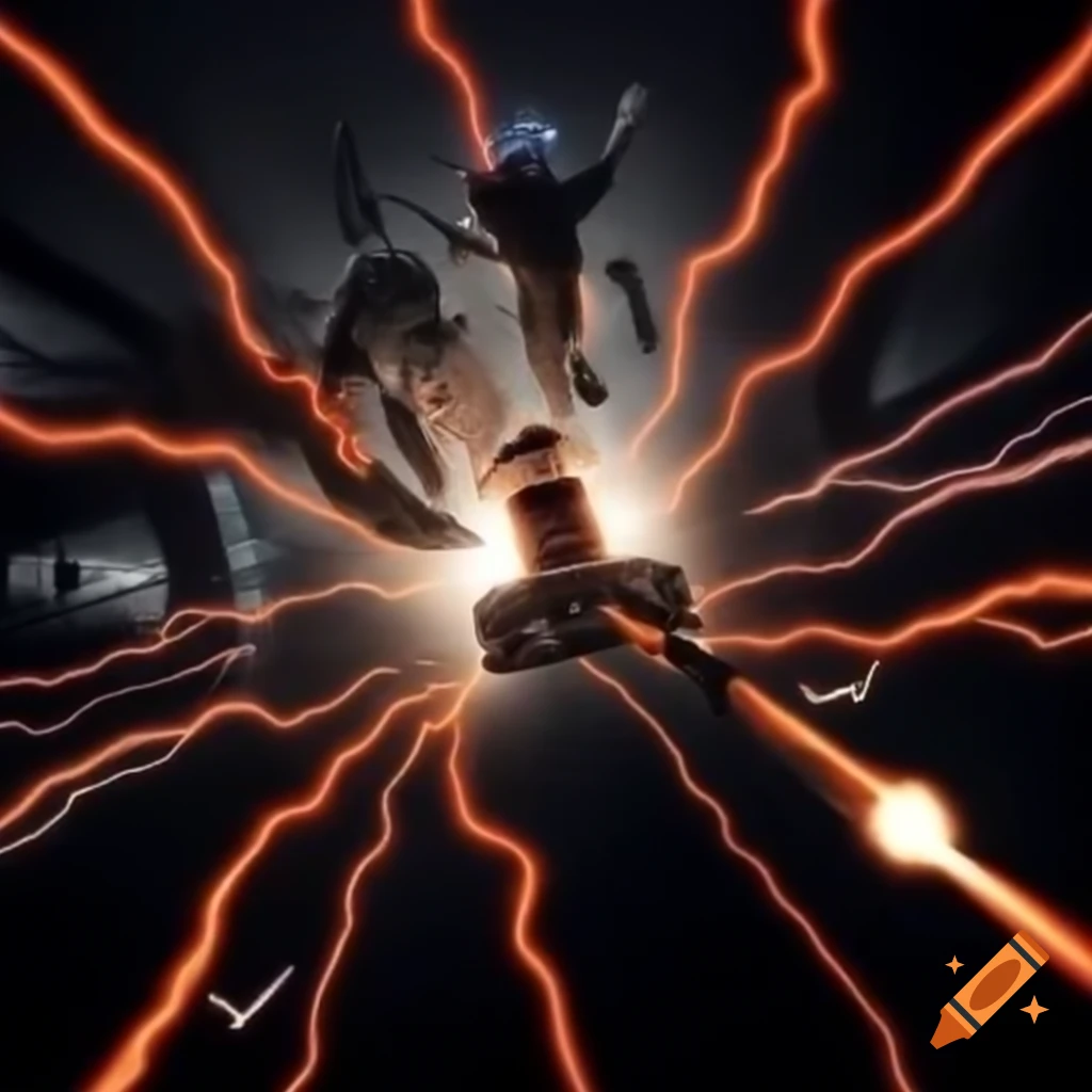 Two wizards in battle using lightning spells against a Dalek