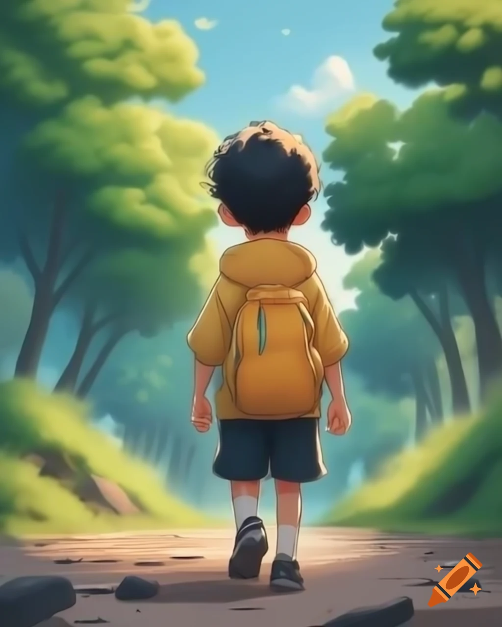 Anime character walking away from a crowd