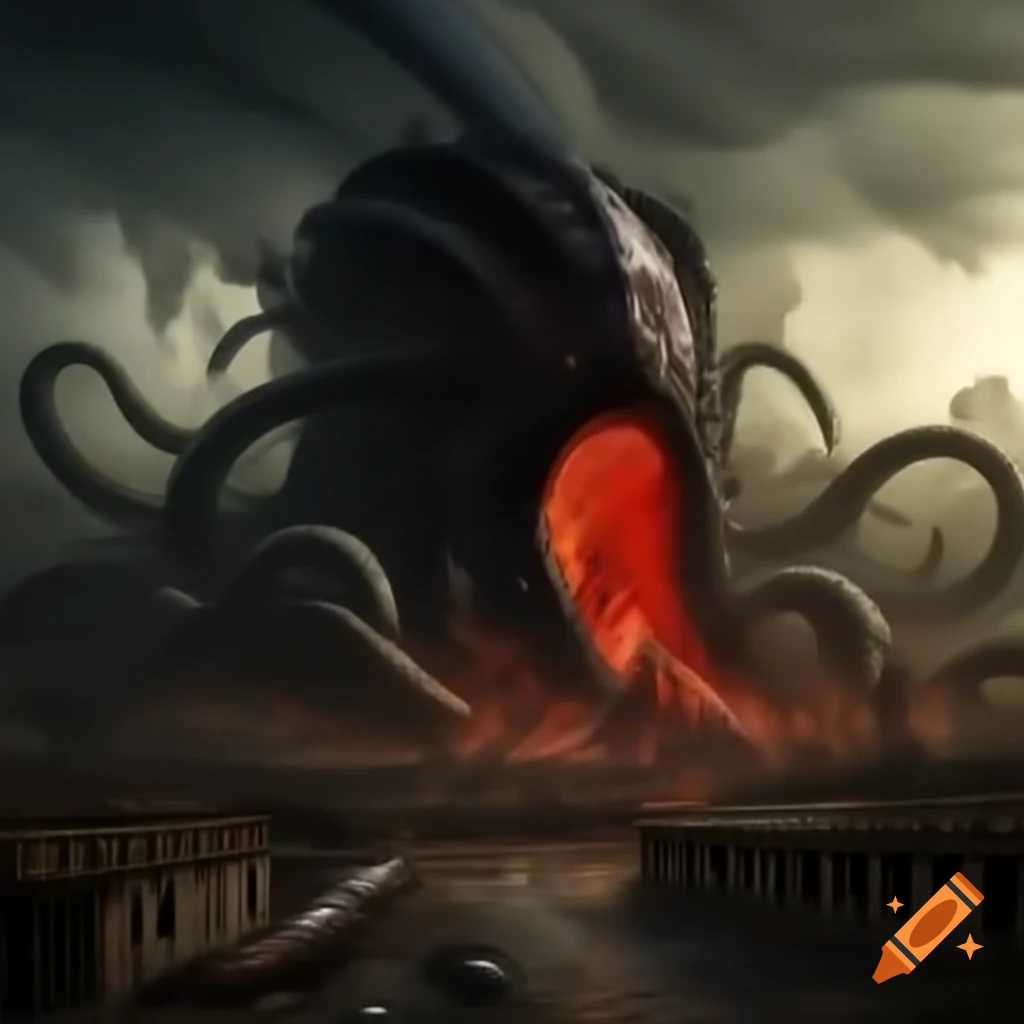 Mysterious black lenticular object with red tentacles emerging from tornado over abandoned desert town