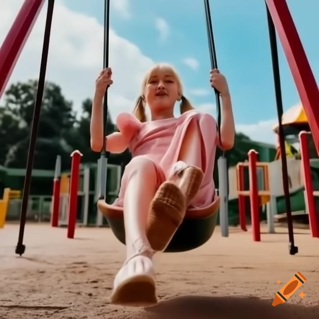 Girl with blonde pigtails swinging in playground wearing pink dress