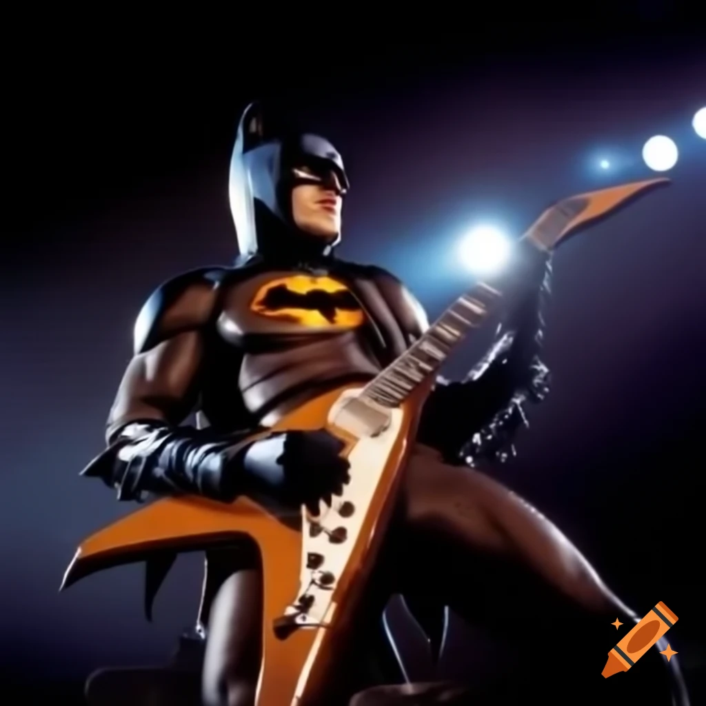Batman performing electrifying guitar solo at a rock show, colorful lights and energy