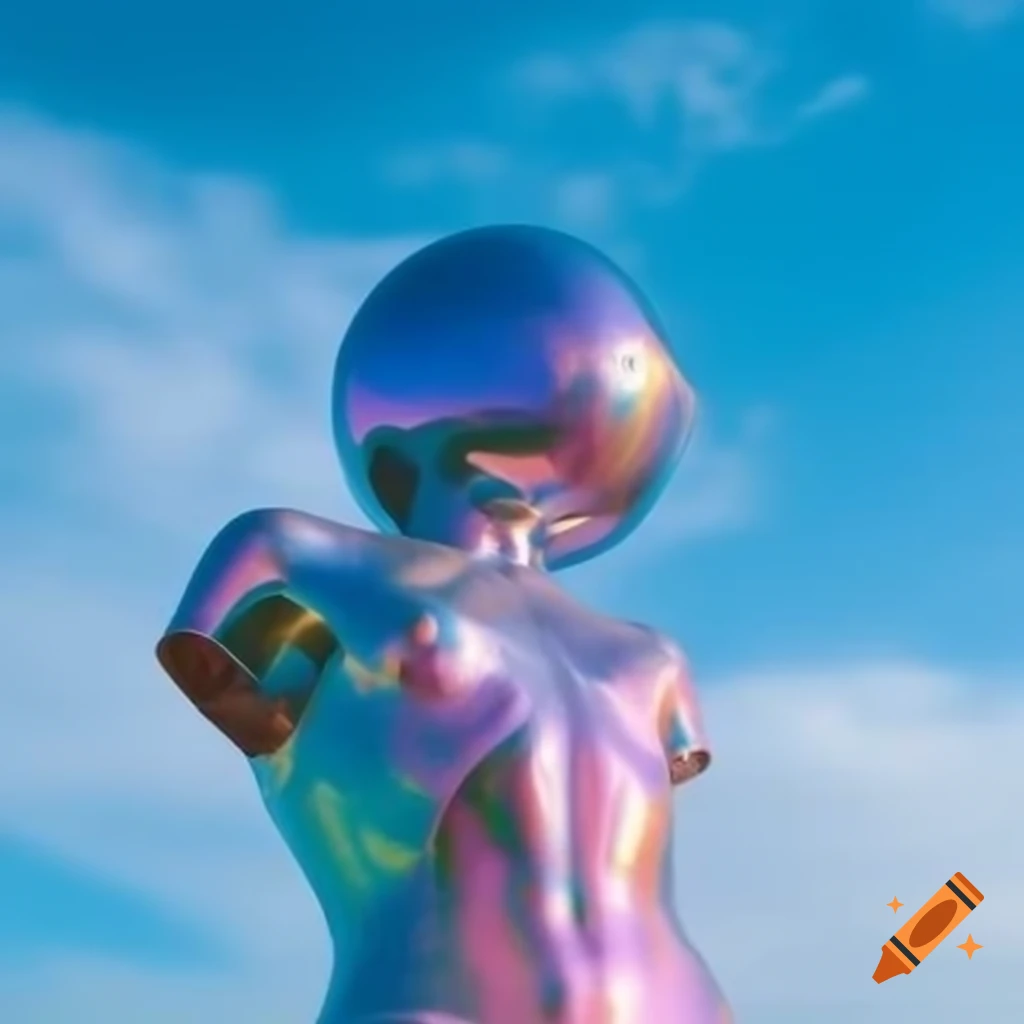 Pop surreal 2000s photography featuring iridescent statue in bright sky