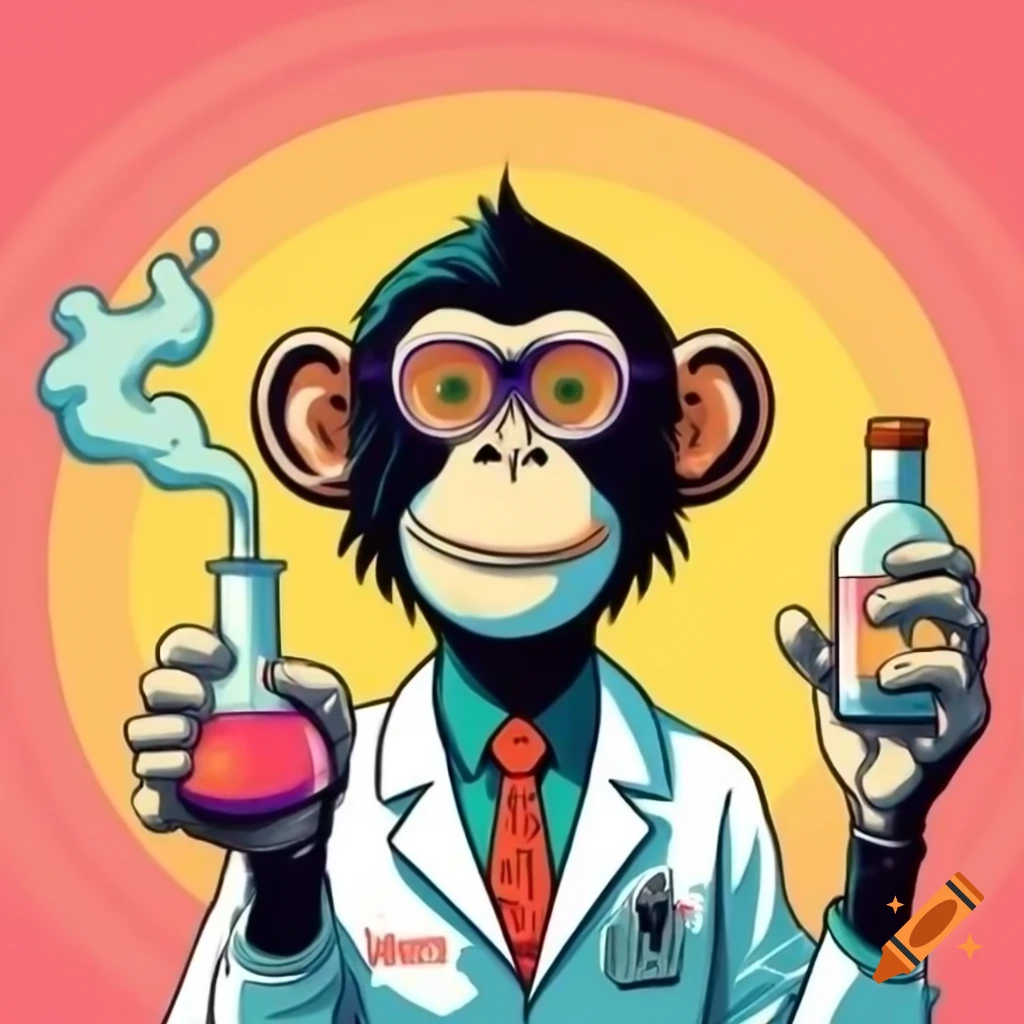 Retro drawing of hippie scientist monkey in laboratory creating vape potions