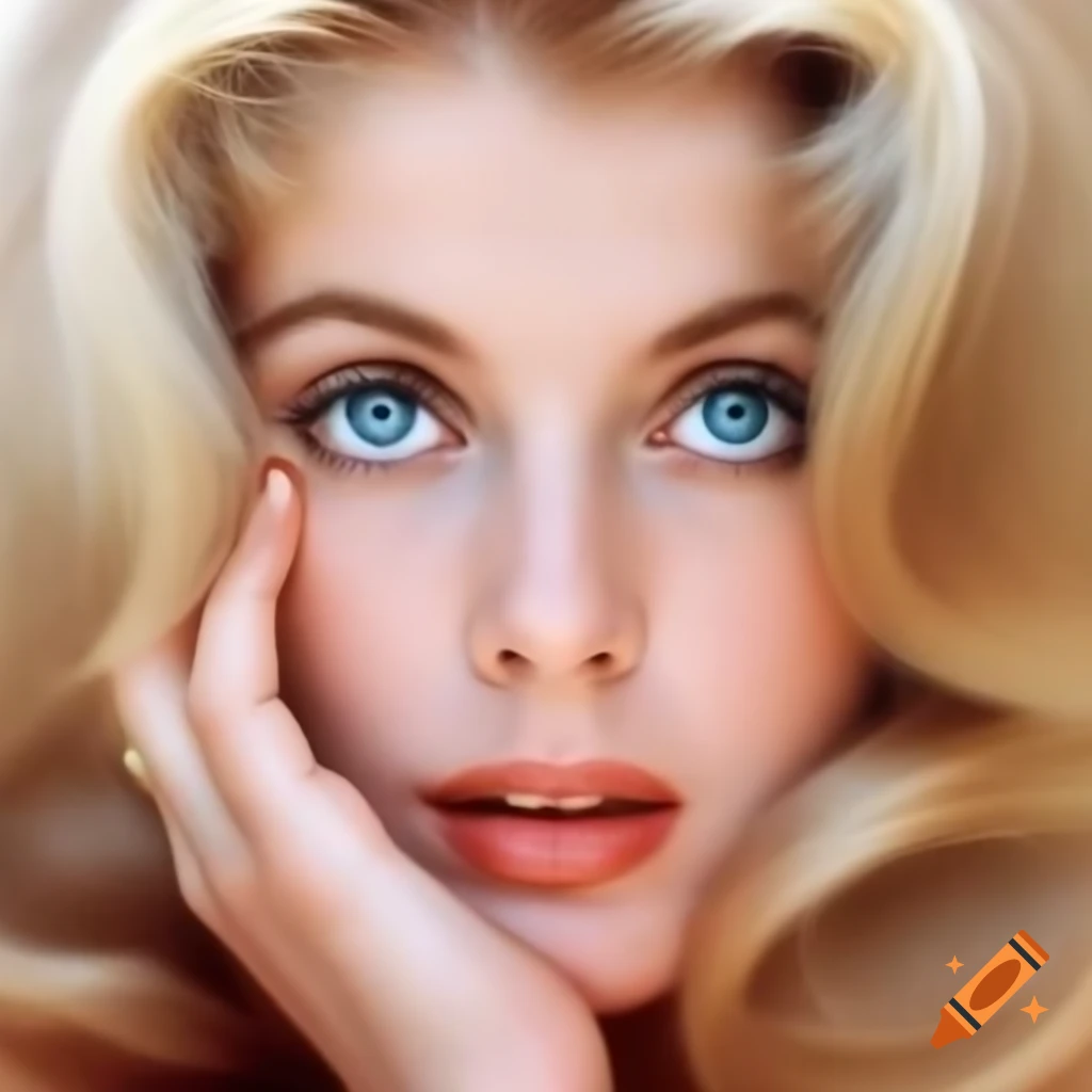 Hyper-realistic photograph of a beautiful European actress from 1963 with porcelain skin and blue eyes