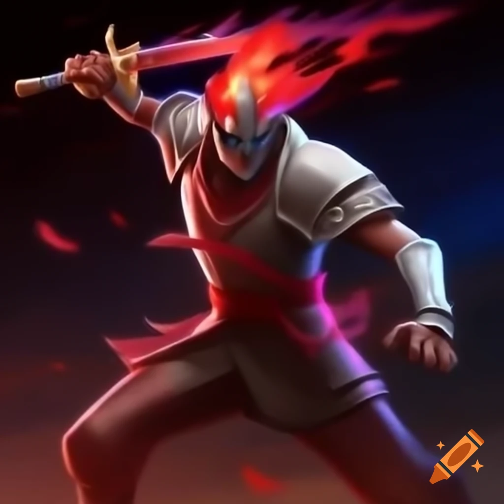 Skilled swordsman in crimson and white livery executing daring lunge