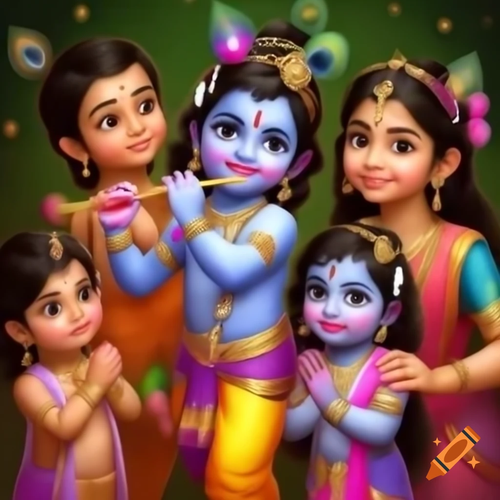 Krishna surrounded by children in a joyful scene
