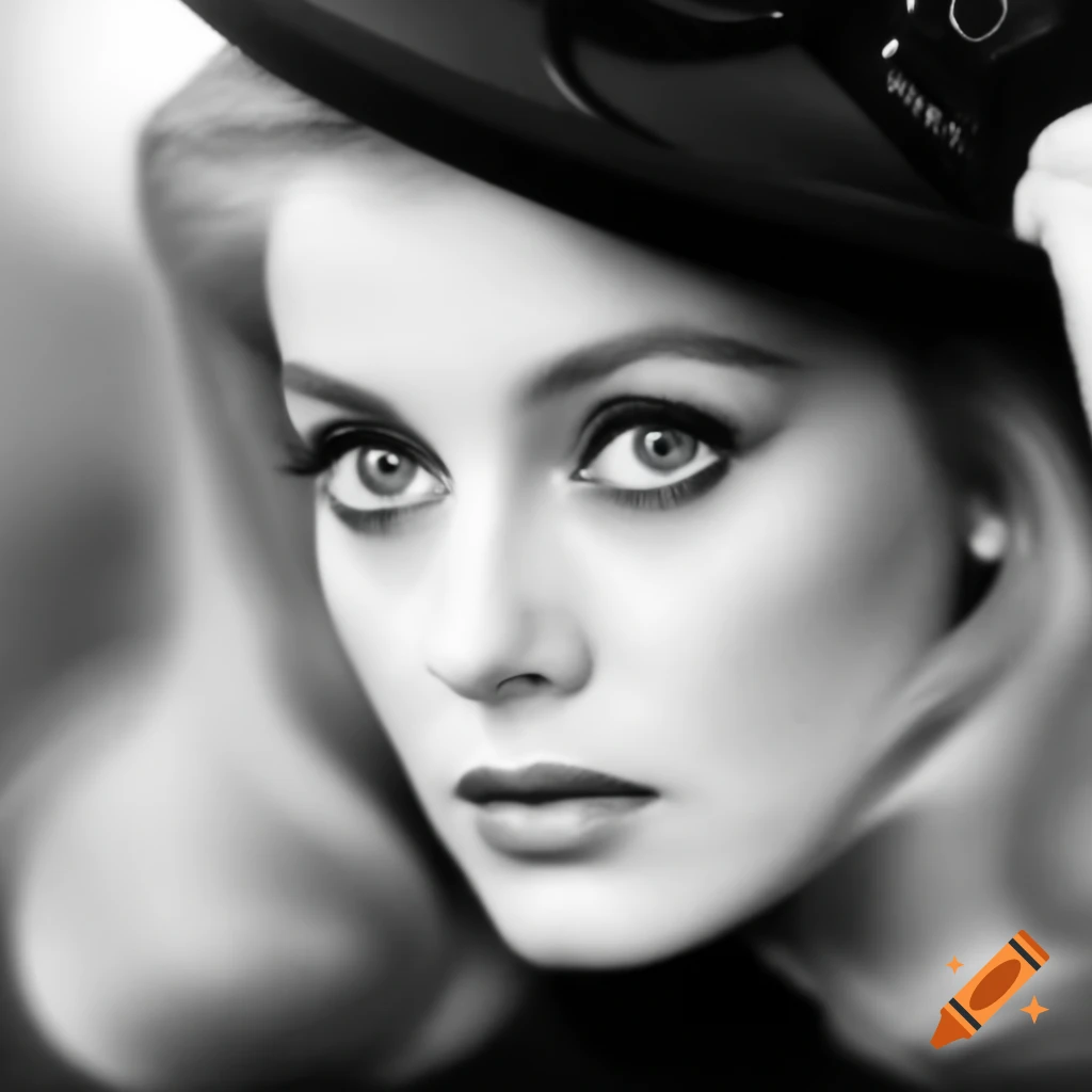 Hyper-realistic black and white photo of a beautiful 1963 European actress with porcelain skin and blue eyes