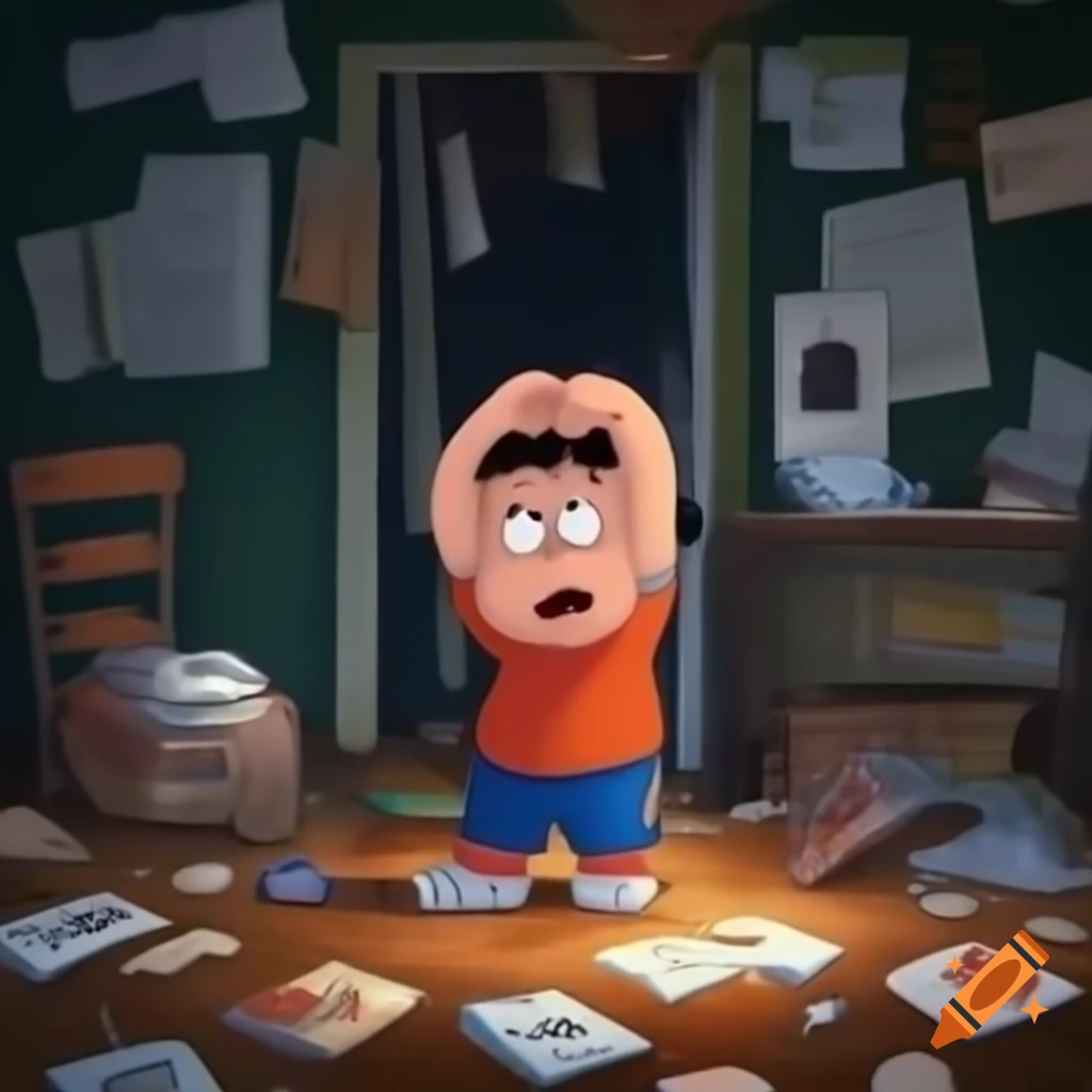 Frustrated boy in untidy room with scattered clothes and books
