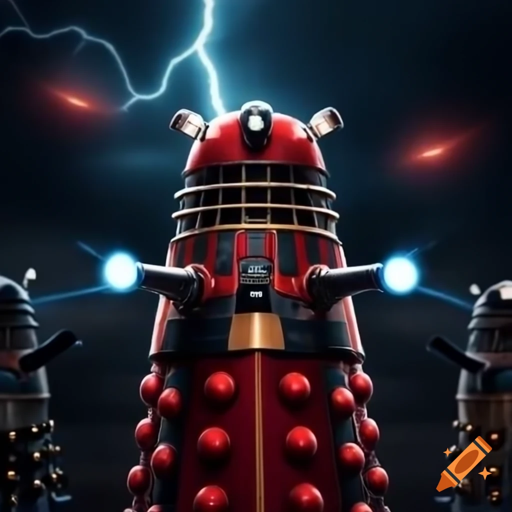 Wide-angle scene of wizards battling with lightning spells against a Dalek