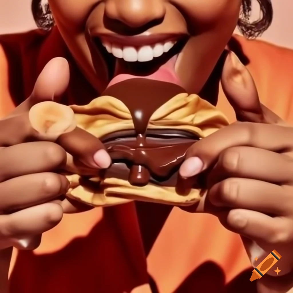 Woman giving thumbs up while enjoying Nutella stuffed pancake