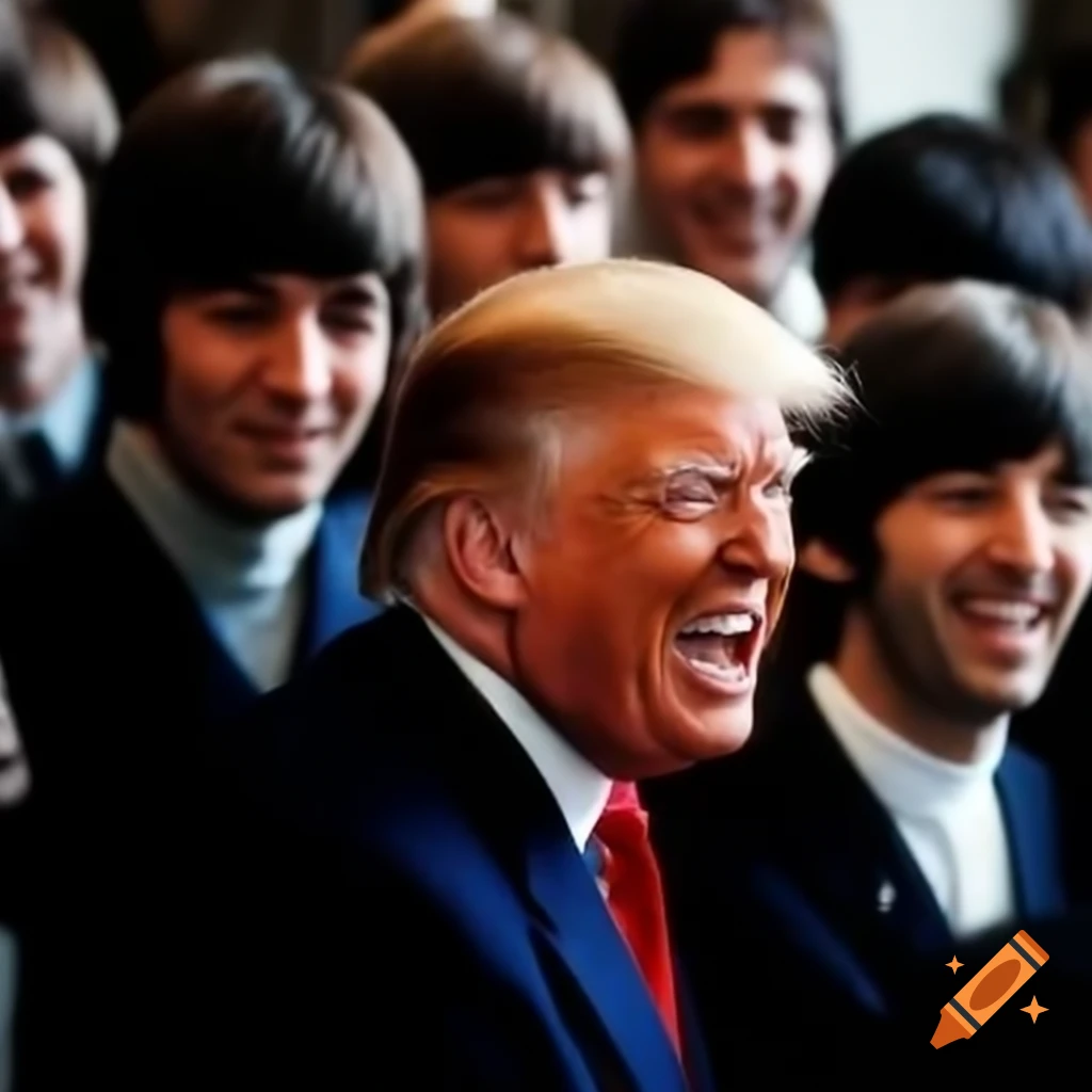 Playful illustration of Donald Trump with Beatles haircut and laughing Beatles, 80s VHS style