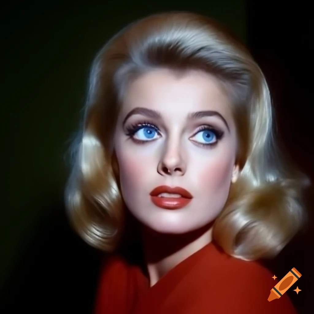 Hyper-realistic photograph of a beautiful European actress from 1963 with porcelain skin and blue eyes