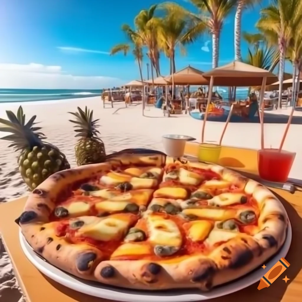 Enjoying pizza with pineapples on beach beside palm trees and surfers