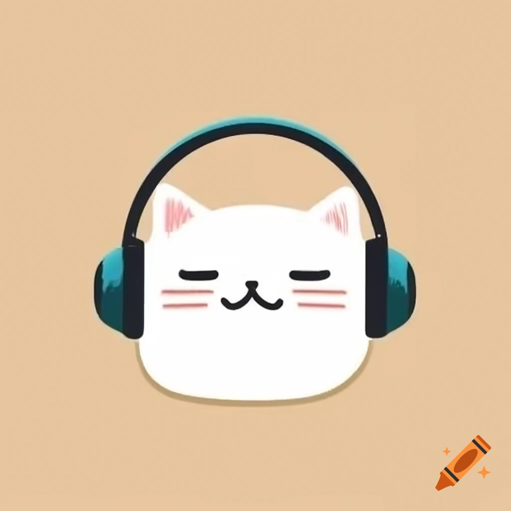Faceless cat character wearing headphones on beige background
