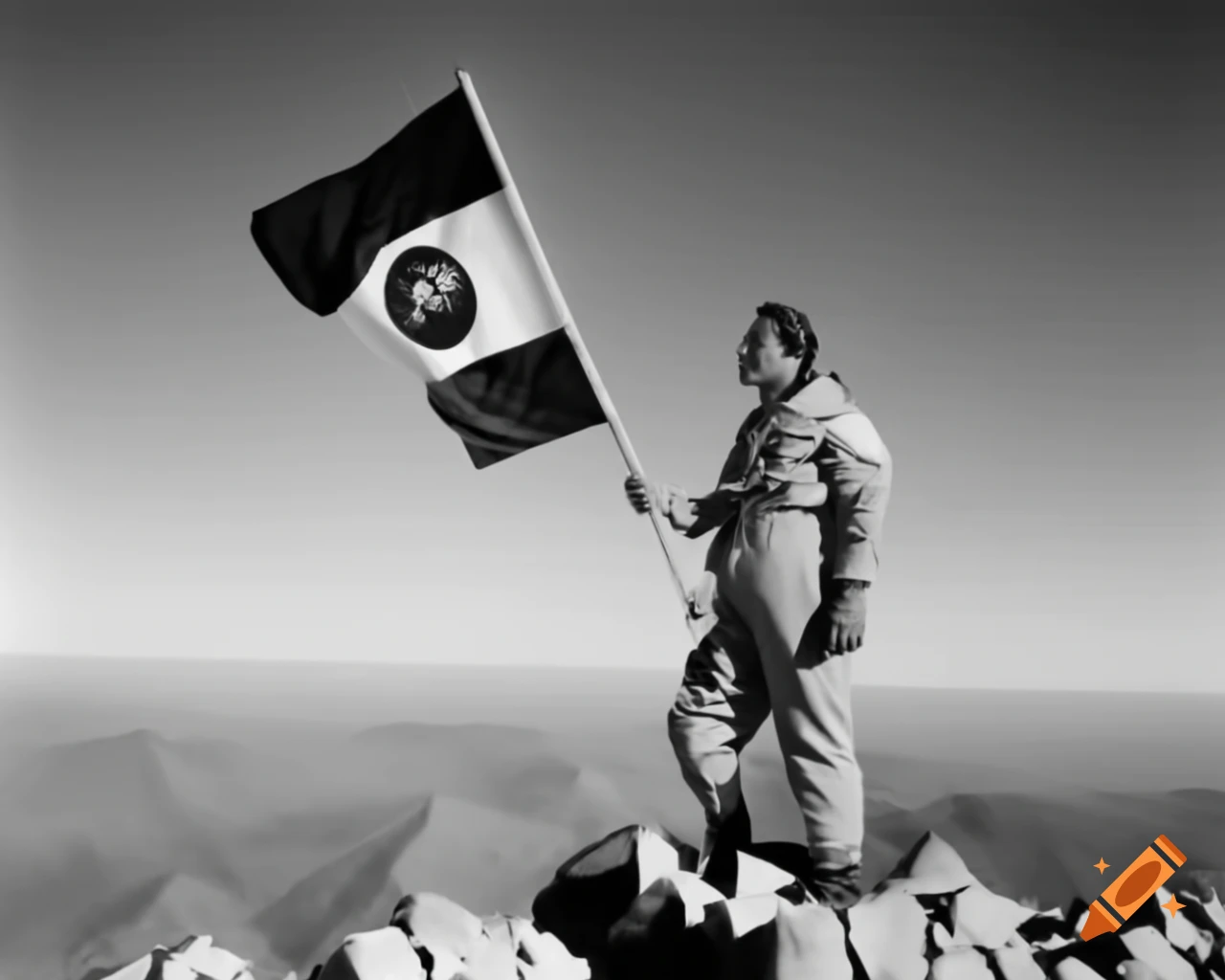 Man in spacesuit holding flag on mountaintop