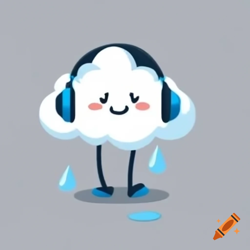 Smiling rain cloud character wearing headphones on grey background