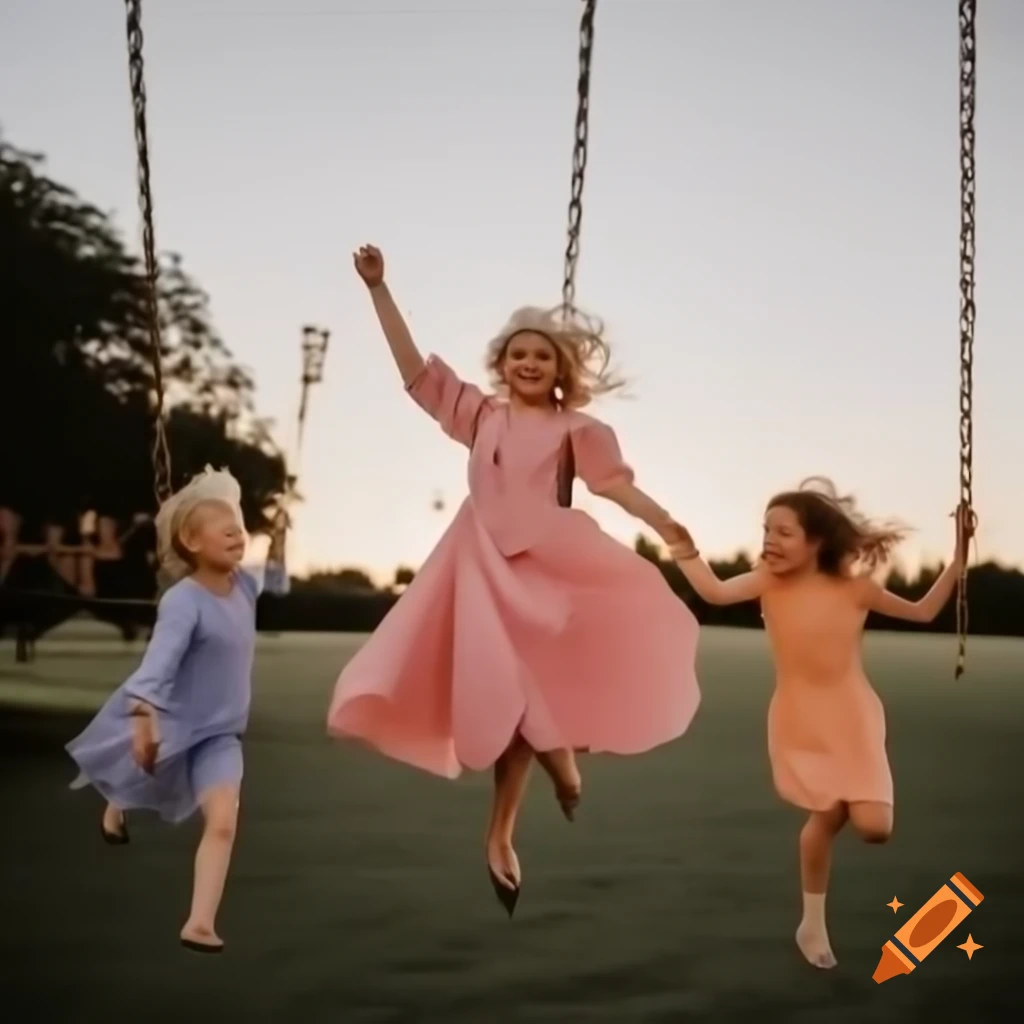 Carefree woman in pink dress swinging joyfully in playground